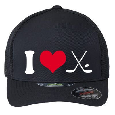I Love Hockey, Sticks And Puck Flexfit Unipanel Trucker Cap