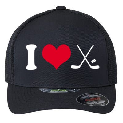 I Love Hockey, Sticks And Puck Flexfit Unipanel Trucker Cap