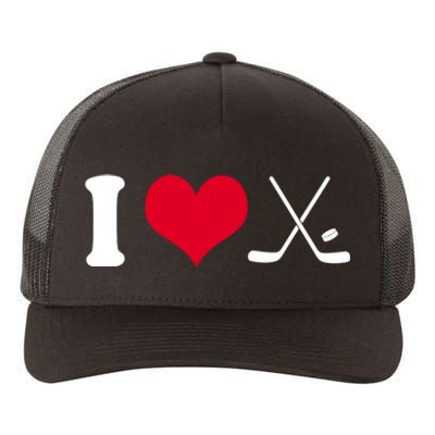 I Love Hockey, Sticks And Puck Yupoong Adult 5-Panel Trucker Hat