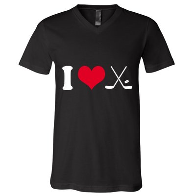 I Love Hockey, Sticks And Puck V-Neck T-Shirt