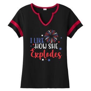 I Like How She Explodes 4th Of July Funny Ladies Halftime Notch Neck Tee