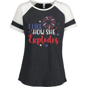 I Like How She Explodes 4th Of July Funny Enza Ladies Jersey Colorblock Tee