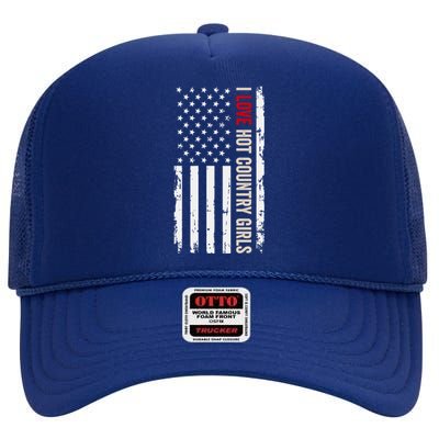 I Love Hot Country American Usa Flag Meaningful Gift High Crown Mesh Back Trucker Hat