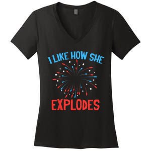 I Like How SHe Bangs Fireworks Funny 4th of July Couple Women's V-Neck T-Shirt