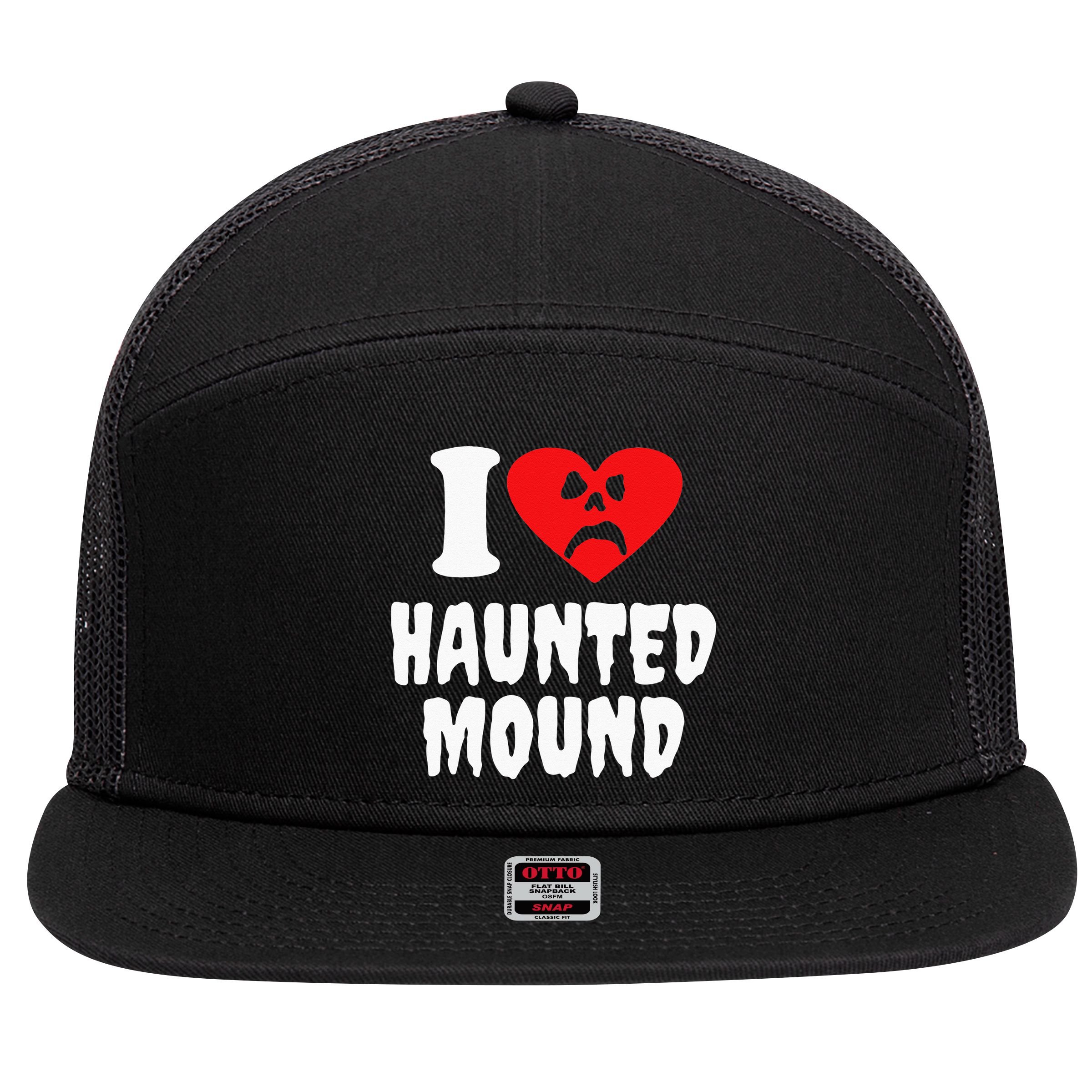 I Love Haunted Mound 7 Panel Mesh Trucker Snapback Hat