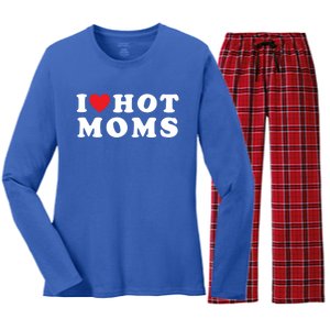 I Love Hot Moms Funny Red Heart Love Moms Mother Cool Meaningful Gift Women's Long Sleeve Flannel Pajama Set 