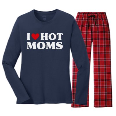 I Love Hot Moms T Funny Red Heart Love Moms Women's Long Sleeve Flannel Pajama Set 