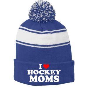 I Love Hockey Moms Funny Design Gift Stripe Pom Pom Beanie