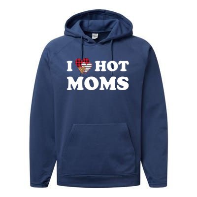 I Love Hot Moms Red Striped Leopard Buffalo Plaid Heart Cute Gift Performance Fleece Hoodie