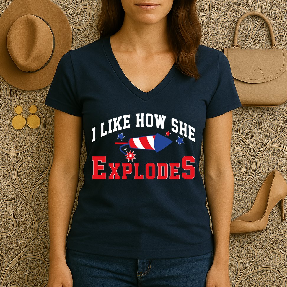 I Like How He Explodes Funny Fireworks Lover Matching Team Couple 4th Of July Women's V-Neck T-Shirt