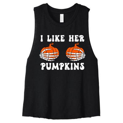 I Like Her Pumpkins Groovy Matching Couple Halloween Women's Racerback Cropped Tank