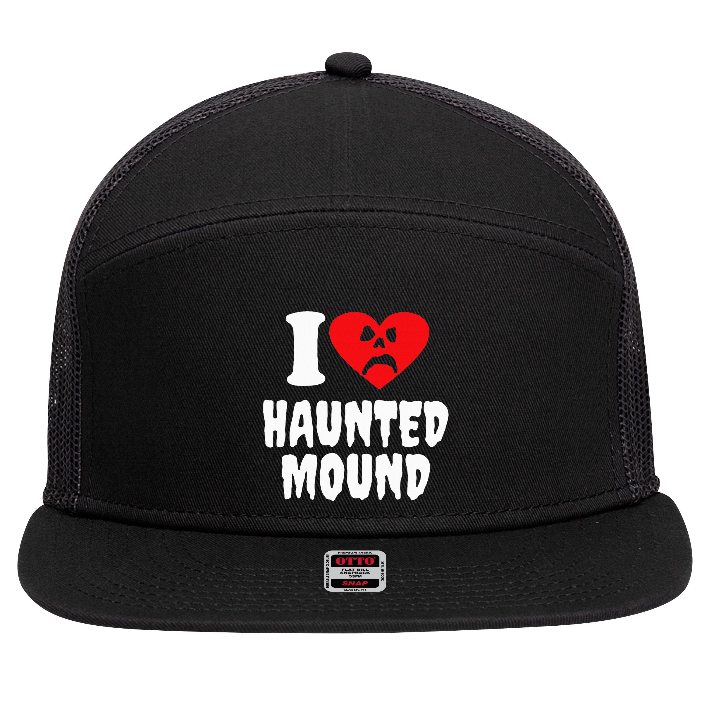 I Love Haunted Mound 7 Panel Mesh Trucker Snapback Hat