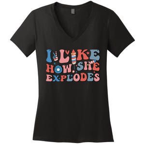 I Like How She Explodes Fireworks Funny 4th Of July Couple Women's V-Neck T-Shirt