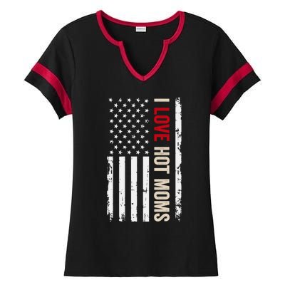 I Love Hot Moms American Usa Flag Gift Ladies Halftime Notch Neck Tee