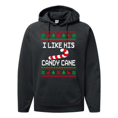 I Like His Candy Cane Funny Couples Ugly Christmas Sweater Performance Fleece Hoodie