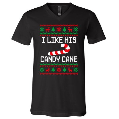 I Like His Candy Cane Funny Couples Ugly Christmas Sweater V-Neck T-Shirt