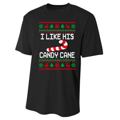 I Like His Candy Cane Funny Couples Ugly Christmas Sweater Performance Sprint T-Shirt