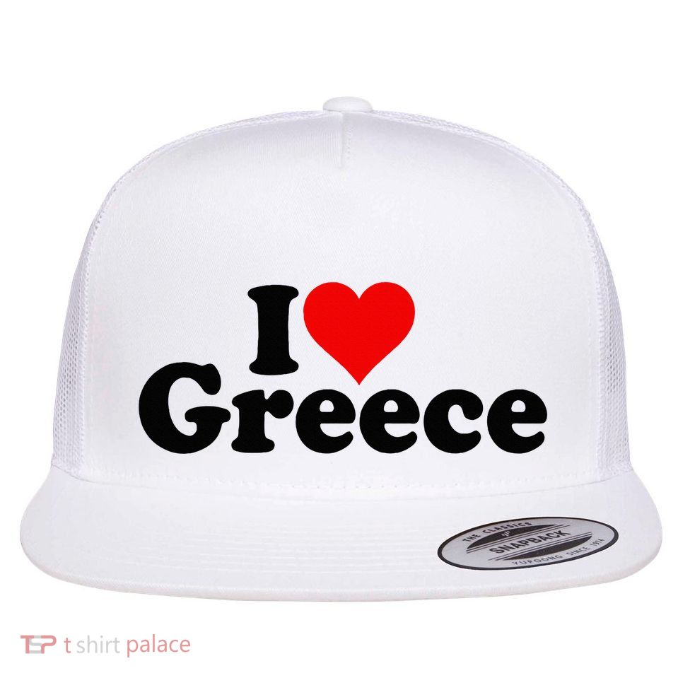 I Love Heart Greece Flat Bill Trucker Hat