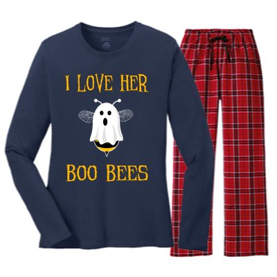 I Love Her Boo Bees Funny Couple Matching Halloween Women's Long Sleeve Flannel Pajama Set 