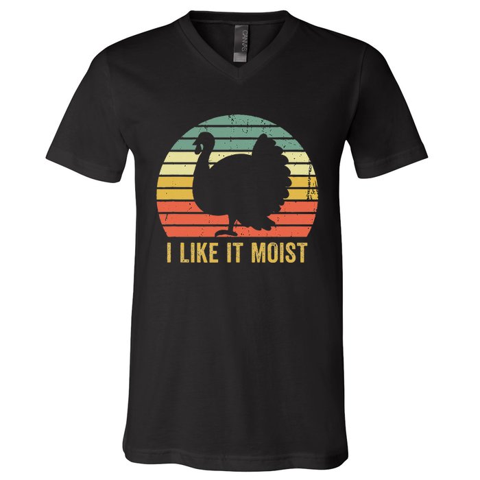 I Like It Moist Funny Thanksgiving Turkey Trot Vintage V-Neck T-Shirt