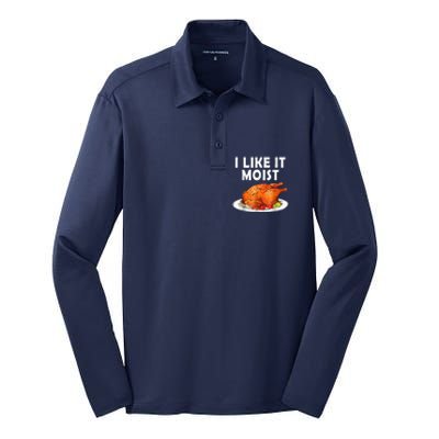 I Like It Moist Funny Thanksgiving Costume Turkey Silk Touch Performance Long Sleeve Polo