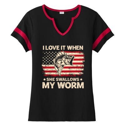 I Love It When She Swallows My Worm Vintage Usa Flag Funny Gift Ladies Halftime Notch Neck Tee