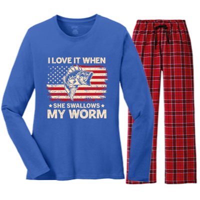 I Love It When She Swallows My Worm Vintage Usa Flag Funny Gift Women's Long Sleeve Flannel Pajama Set 