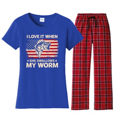 I Love It When She Swallows My Worm Vintage Usa Flag Funny Gift Women's Flannel Pajama Set