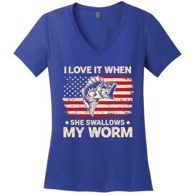 I Love It When She Swallows My Worm Vintage Usa Flag Funny Gift Women's V-Neck T-Shirt