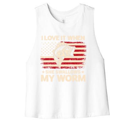 I Love It When She Swallows My Worm Vintage Usa Flag Funny Gift Women's Racerback Cropped Tank