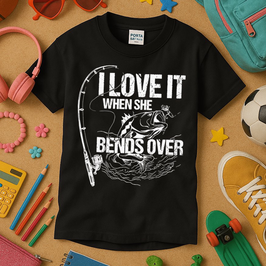 I Love It When She Bends Over Funny Fishing Lover Kids T-Shirt