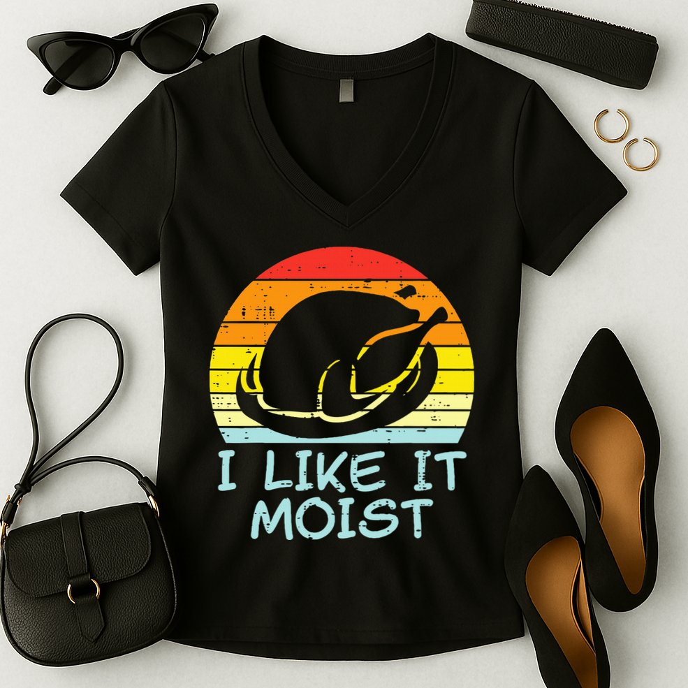 I Like It Moist Turkey Retro Funny Thanksgiving Women's V-Neck T-Shirt