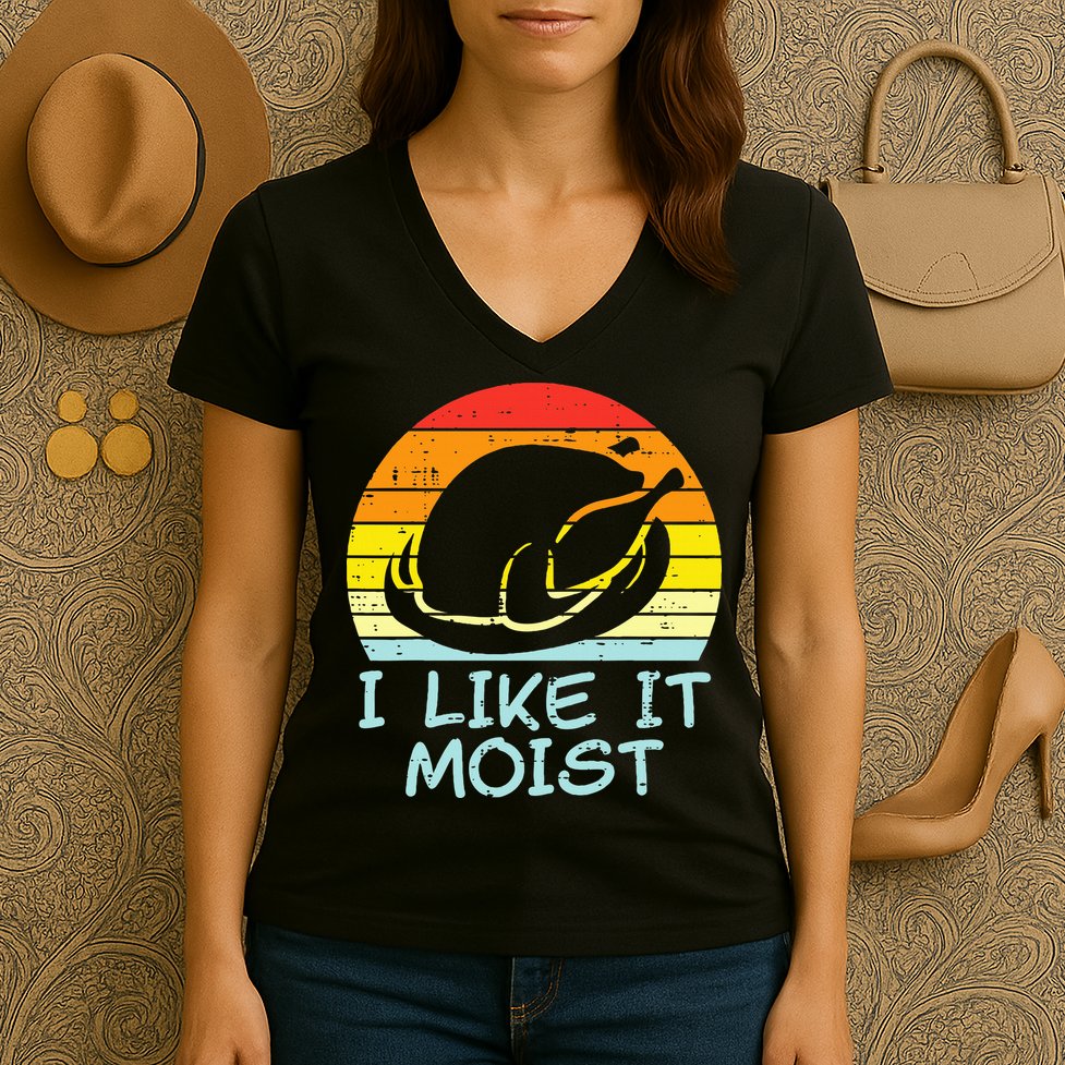 I Like It Moist Turkey Retro Funny Thanksgiving Women's V-Neck T-Shirt