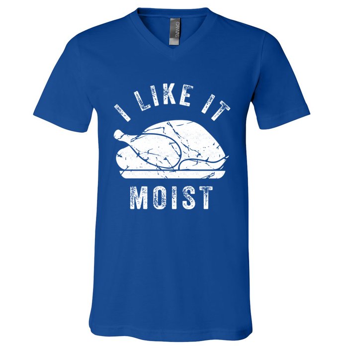 I Like It Moist Funny Thanksgiving Turkey Leg Day Retro Gift V-Neck T-Shirt