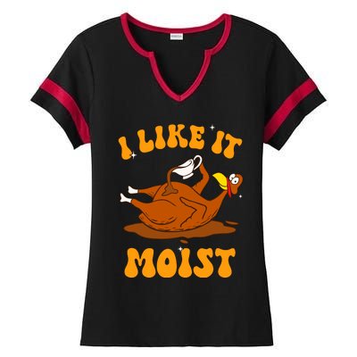 I Like It Moist Turkey Retro Groovy Thanksgiving Food Ladies Halftime Notch Neck Tee