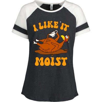 I Like It Moist Turkey Retro Groovy Thanksgiving Food Enza Ladies Jersey Colorblock Tee