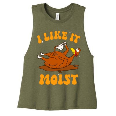 I Like It Moist Turkey Retro Groovy Thanksgiving Food Women's Racerback Cropped Tank