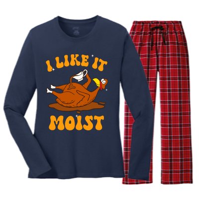 I Like It Moist Turkey Retro Groovy Thanksgiving Food Women's Long Sleeve Flannel Pajama Set 