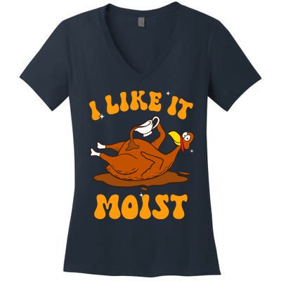 I Like It Moist Turkey Retro Groovy Thanksgiving Food Women's V-Neck T-Shirt