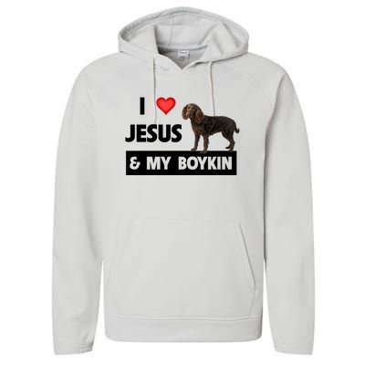 I Love Jesus And My Kin Spaniel Duck Hunting Dog Mom Dad Gift Performance Fleece Hoodie