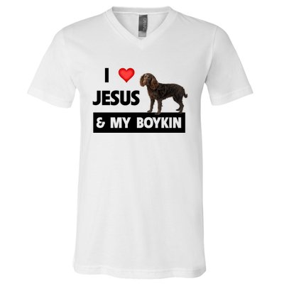 I Love Jesus And My Kin Spaniel Duck Hunting Dog Mom Dad Gift V-Neck T-Shirt