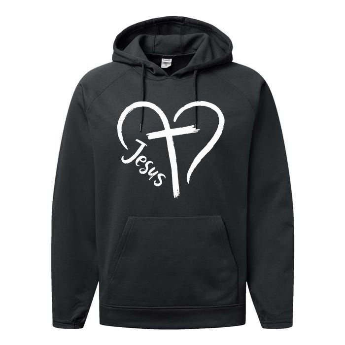 I Love Jesus  Heart and cross  Performance Fleece Hoodie