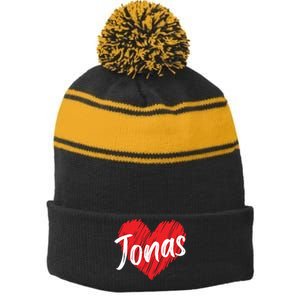 I Love Jonas Heart Personalized Name Jonas Stripe Pom Pom Beanie