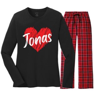 I Love Jonas Heart Personalized Name Jonas Women's Long Sleeve Flannel Pajama Set 