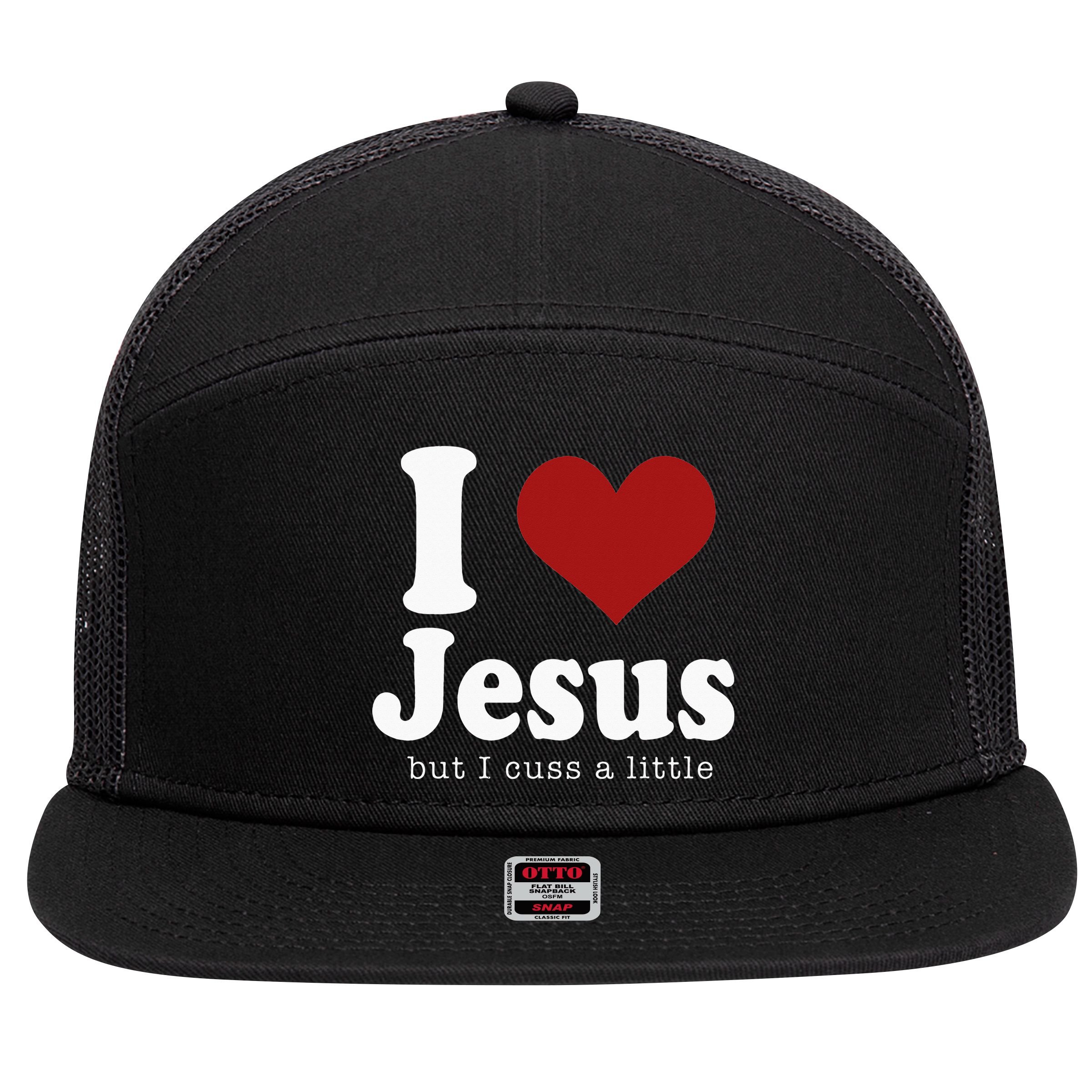 I Love Jesus But I Cuss A Little Funny Christian 7 Panel Mesh Trucker Snapback Hat