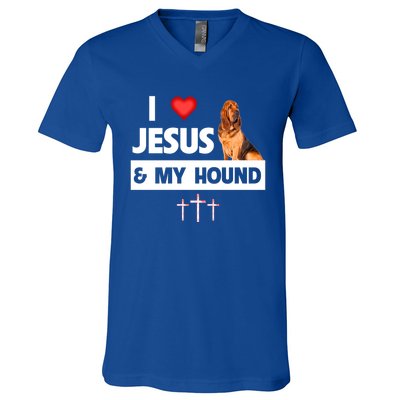 I Love Jesus And My Bloodhound Hunting Dog Mom Dad Christian Gift V-Neck T-Shirt