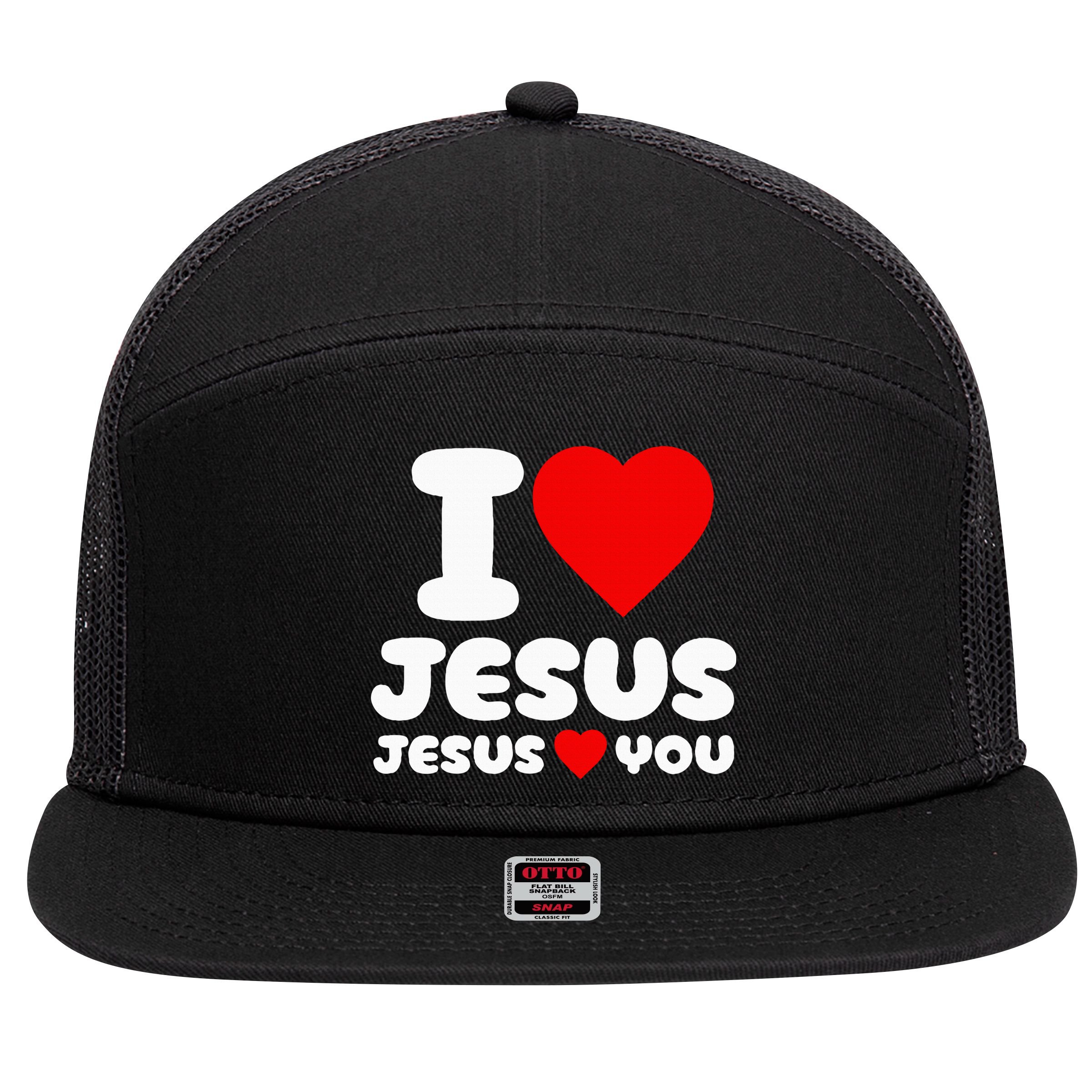 I Love Jesus And Jesus Loves You Christian 7 Panel Mesh Trucker Snapback Hat