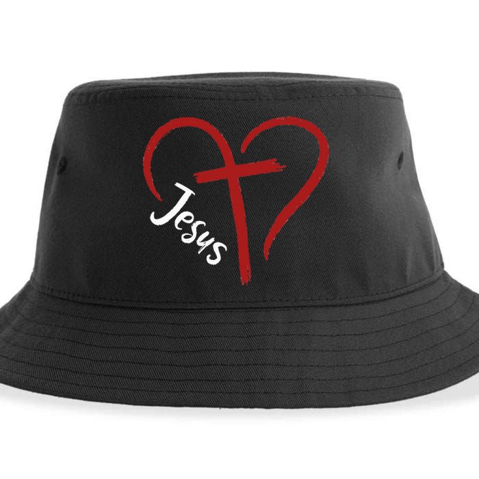 I Love Jesus  Funny Heart And Cross Christian Lover Sustainable Bucket Hat