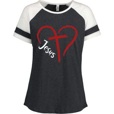 I Love Jesus  Funny Heart And Cross Christian Lover Enza Ladies Jersey Colorblock Tee