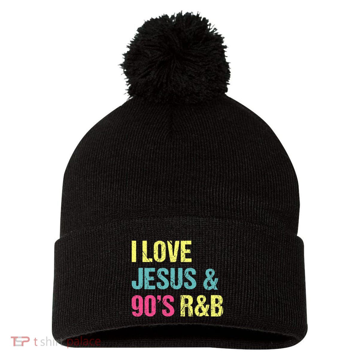 I Love Jesus And 90s R&B RnB Music Lover Vintage Retro Pom Pom 12in Knit Beanie